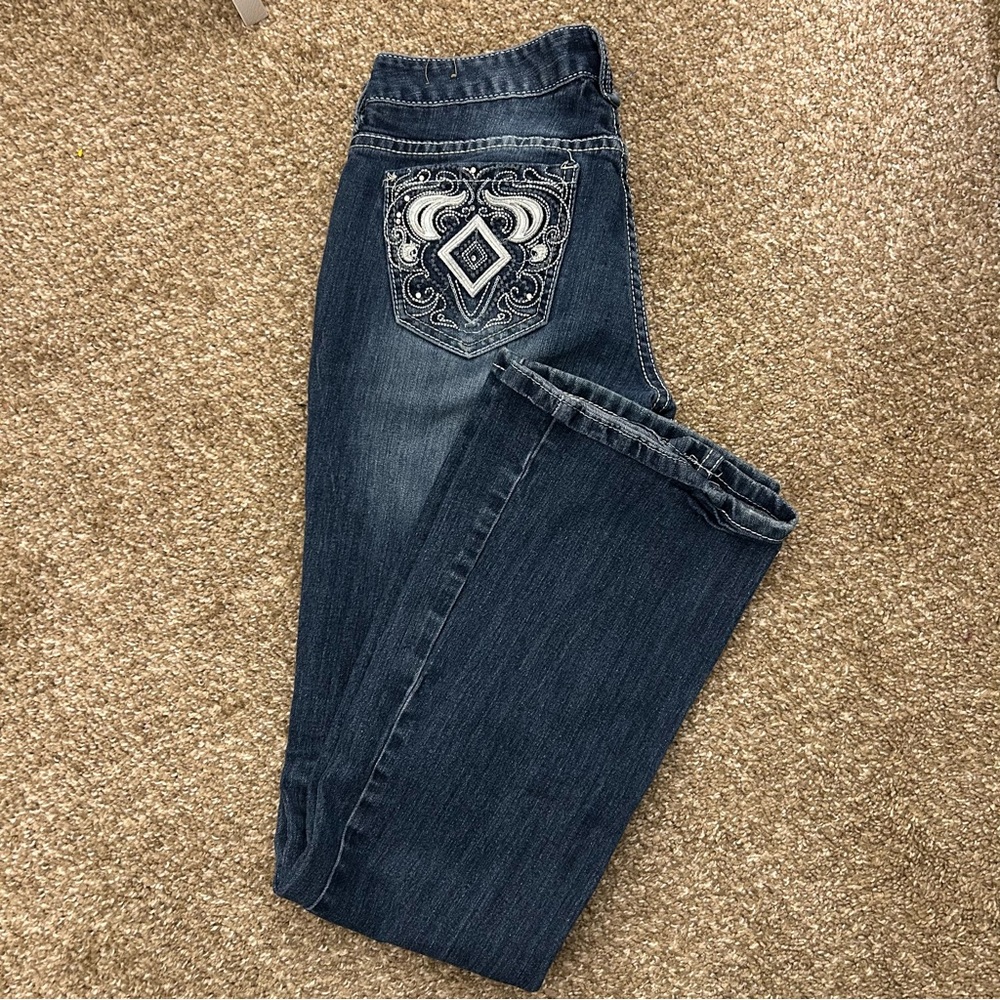 Amethyst Dark Wash Bootcut Jeans Embellished Back Pockets Size 7